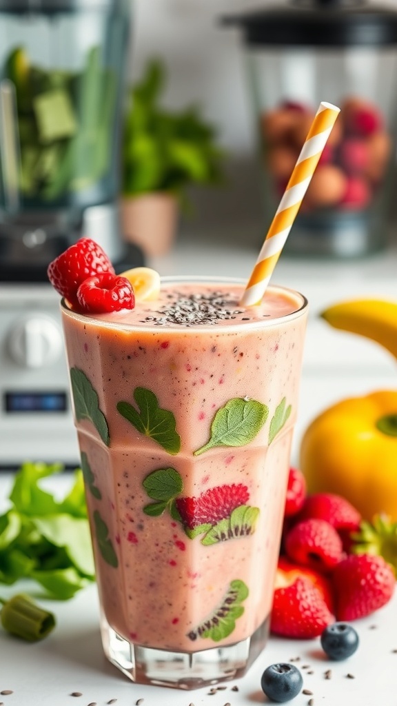 Nutritious Breakfast Smoothies Recipe A colorful breakfast smoothie in a glass topped with berries and chia seeds, set in a bright kitchen.